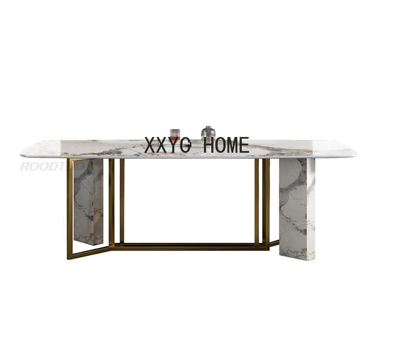 

Искусственный роскошный стол и стул в итальянском стиле в сочетании с титановой рамой из нержавеющей стали, обеденный стол, домашний стол