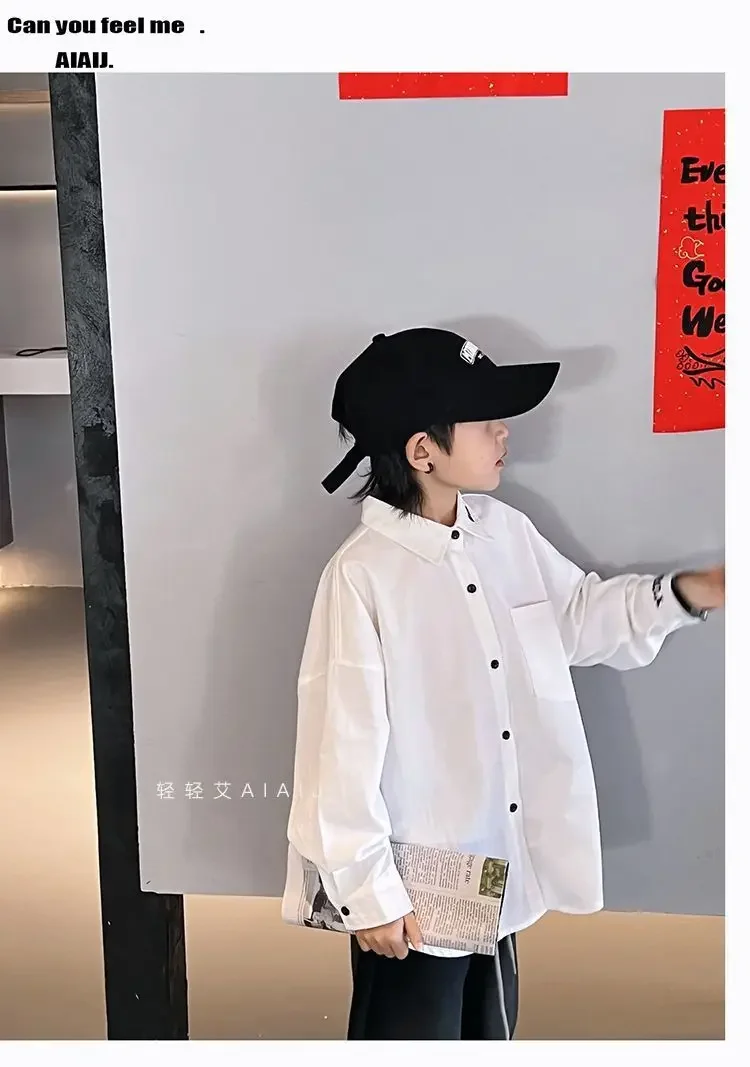 جديد 3-12 سنة ربيع الخريف الفتيان قميص بلون واحدة الصدر الوقوف طوق كم طويل قميص للأطفال الأطفال القطن قميص