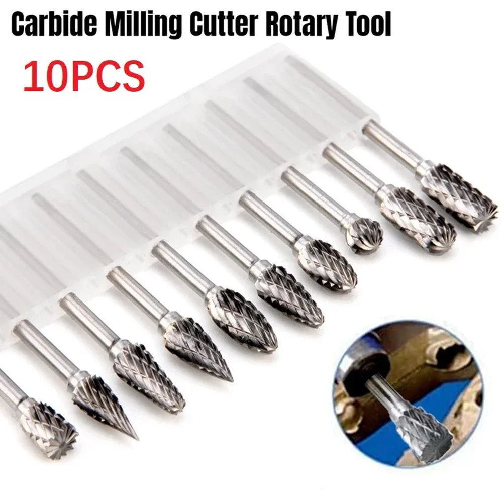 10pcs Tungsten Carbide Cutter Rotary Burr Drill Grinder Carving Bit Double Cut For Wood Stone Carving Steel Metal Working 3x6mm