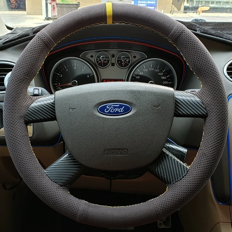Maßgeschneiderte Auto-Lenkrad-Geflecht-Abdeckung aus Wildleder, 100 % passend für Ford Kuga 2008–2011, Focus 2 2005–2011, C-MAX 2007–2010, Autozubehör