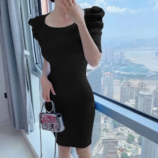 

Black Fungus Neck Tight Fitting Long Sleeve Knitting Knit Camisole Woman Dresses Fall Dress Girl Women Lady Cloth Falda Vestido