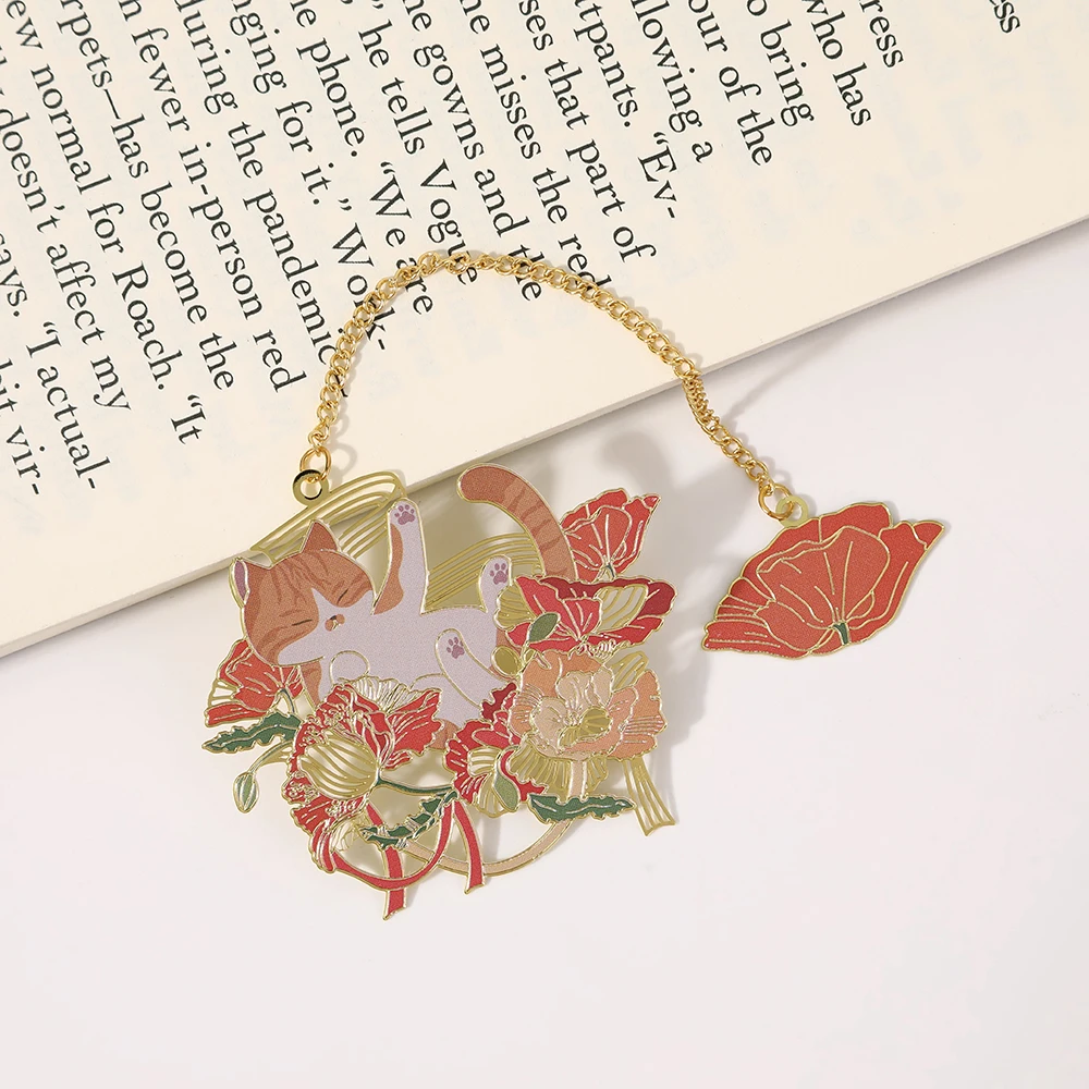 Flower Cat Metal Bookmark 1PC Classical Cute Style Student Gift Cultural and Creative Hollow metal bookmark animal bookmark floral painting bookmark retro flower bookmark bookmarks stationery supplies