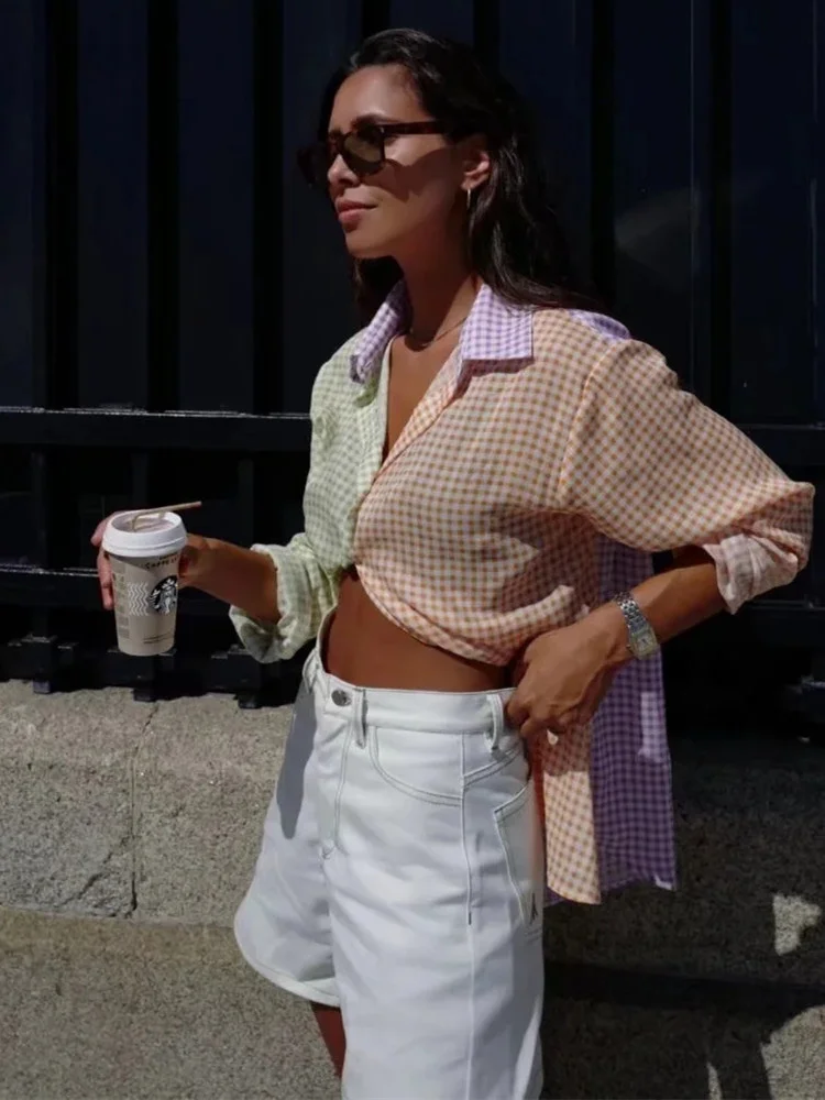 

Girls Cute Colorful Plaid Patchwork Shirts 2022 Spring Sweet Female Loose Soft Shirt Woman Chic Oversized Long Sleeve Tops