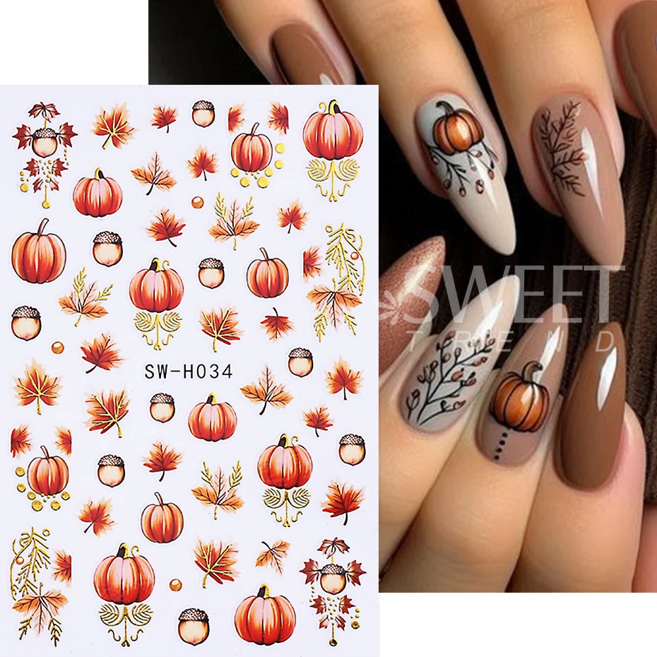 2pcs Autumn Pumpkin Nail Stickers 3D Maple Leaf Pine Fruit Self-Adhesive Nail Decals Slider DIY Thanksgiving Manicure Decoration