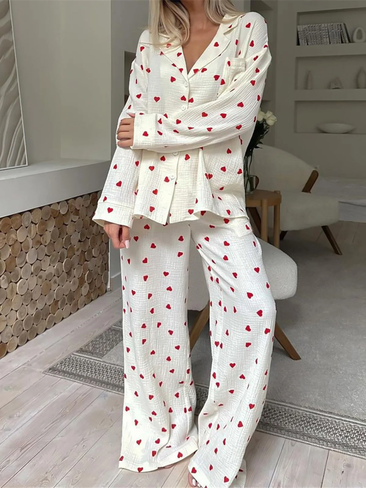 Love Print Cotton Pajamas women pajamas set women pajama suit cotton pajamas set For Women Single-Breasted Pocket New In Women's Sleepwear Lapel Long Sleeve Woman Clothing D323