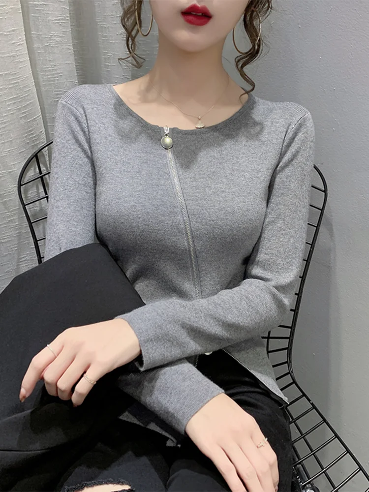 

Winsleter Streetwear Sweater Long Sleeve Pullover Women Round Collar Slant Zipper Slim Knitwear Tops Autumn Spring T38080JM