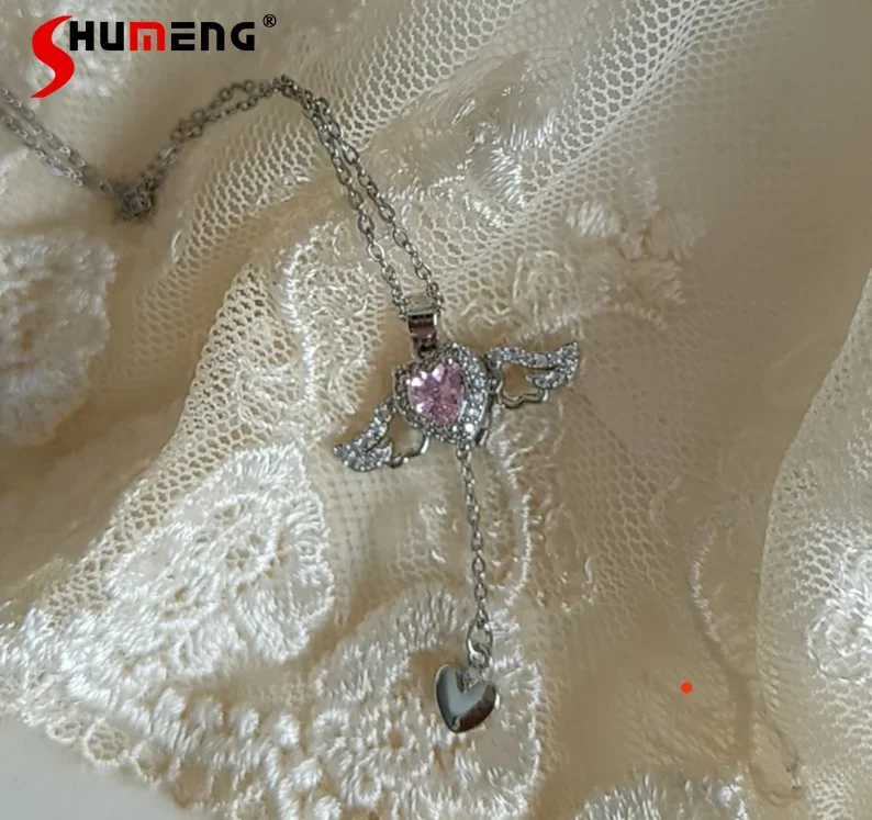 

Sweet Cute Angel Wings Love Necklace for Women Japanese Style Kawaii Romantic Zircon Diamond Titanium Steel Clavicle Chain