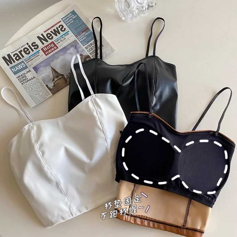Women's Leather Bralette HK Retro Built-in Padded  Open Back Slim Cropped Streetwear Y2K Chic Outerwearp