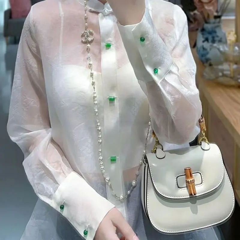 Female Clothing Vintage Printed Midi Shirt Chinese Disc Buckle Spring Summer Thin Single-breasted Stylish Stand Collar Blouse