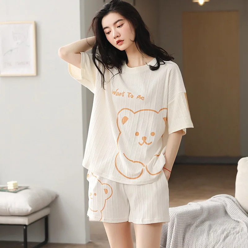 Cute Cotton Pj Short Set Pajamas For Women Summer Solid Sleepwear