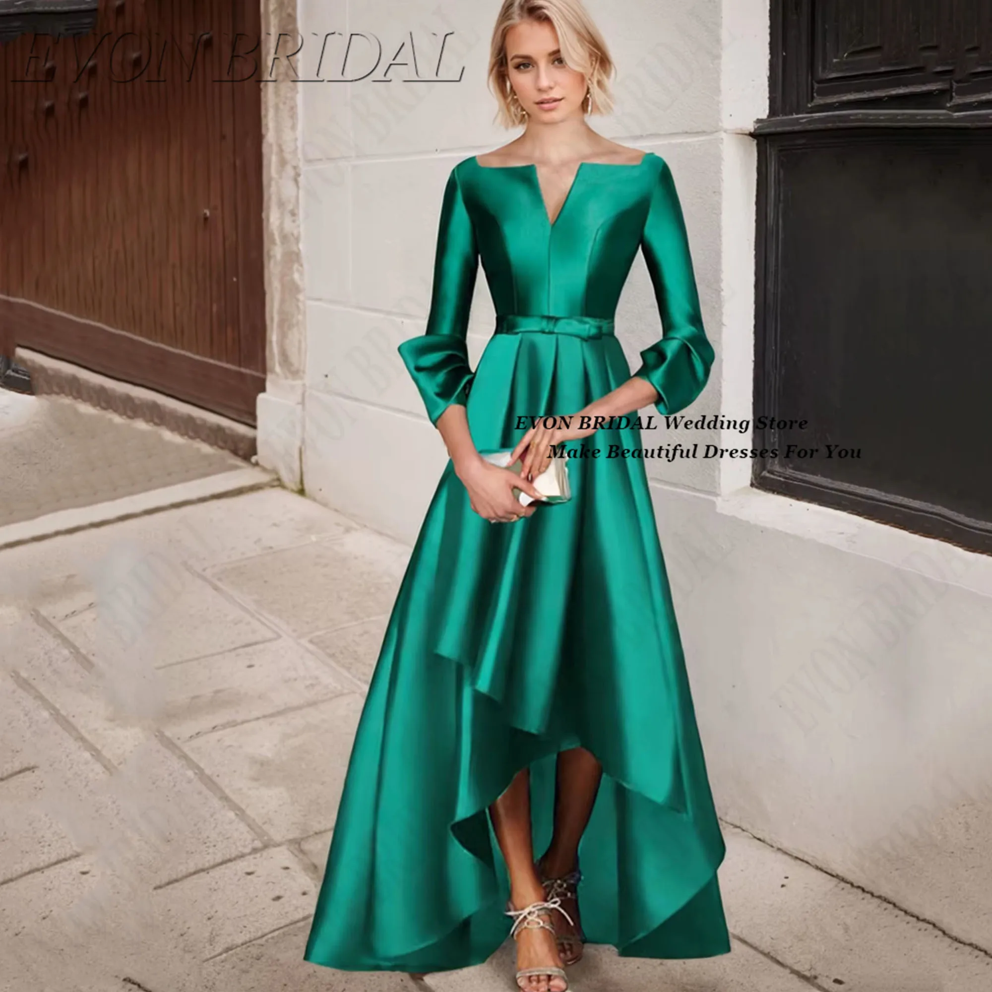 3/4 sleeves فستان سهرة نسائي A-Line Prom Party Dress Irregular Satin Evening Party Dress EVON BRIDAL Customized 1