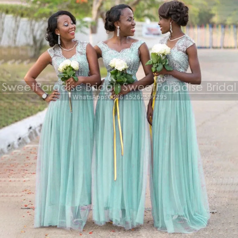 

Gorgeous Appliques Beads A Line Bridesmaid Dresses Aqua Tulle V Neck Sleeveless Long Party Dress Maid Of Honor Vestido De Noiva