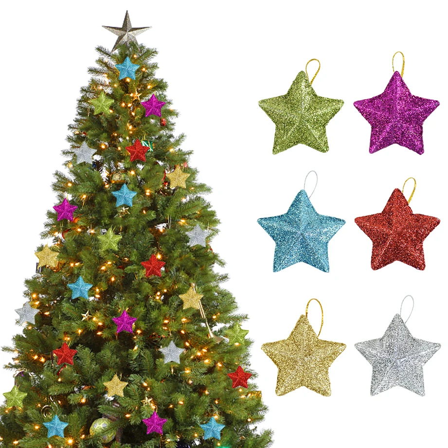 

6Pcs Gold Glitter Star Ornaments Christmas Tree Hanging Pendant For Home Navidad New Year Party Supplies DIY Gift 2024
