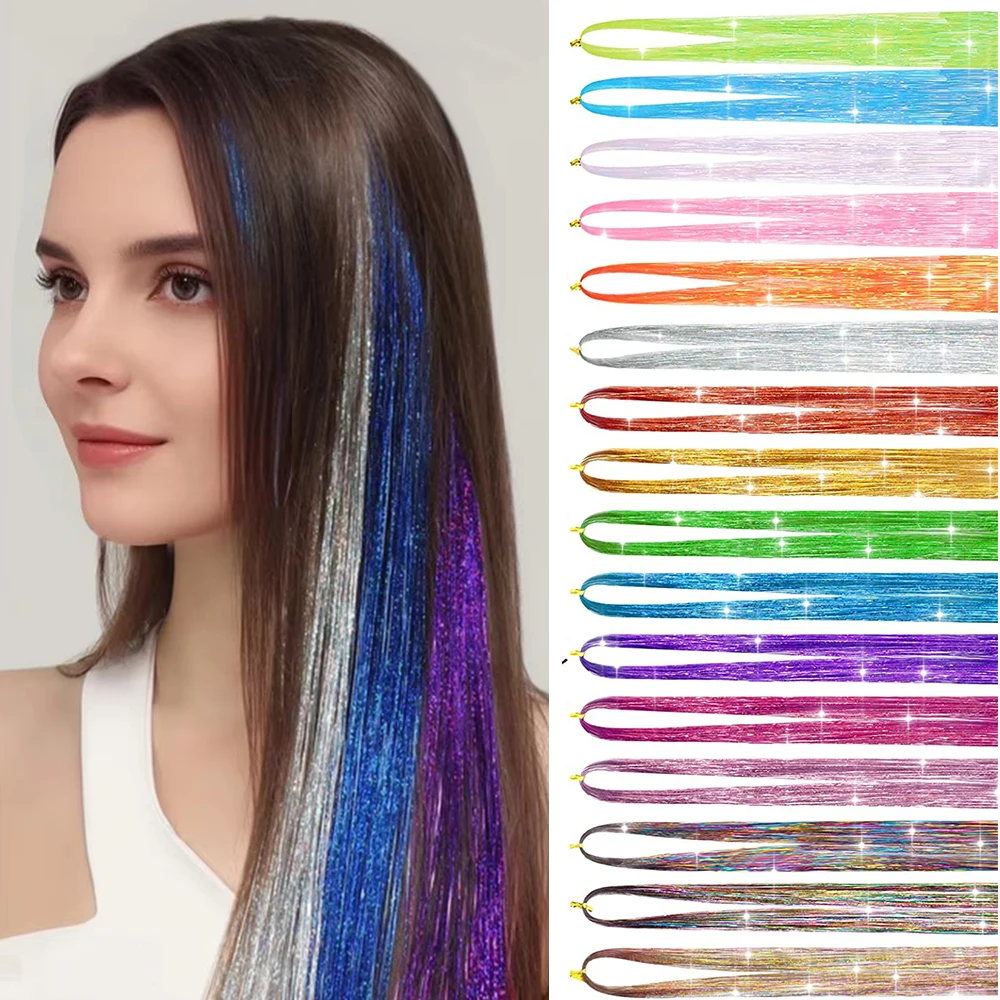 48inch Shiny Sparkle Hair Tinsel Kit Rainbow Women Colorful Glitter Bling Hair Extension Twinkle Hair Dazzles Accessories for