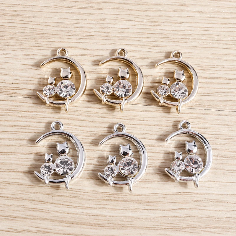 10 Stück 16x22mm Niedliche Kristall-Tieranhänger Katzen-Charms aus Legierung mit Mondmotiv für Schmuckherstellung, Halsketten, Ohrringe, DIY-Bastelbedarf – Detail 2