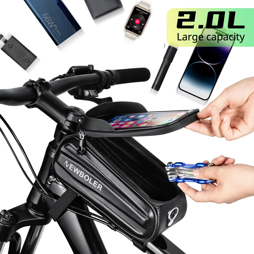 Bike Bag NEWBOLER Bike Bag 2L Frame Front Tube Cycling Bag Bicycle Waterproof Phone Case Holder 7.2Inches Touchscreen Accessorie