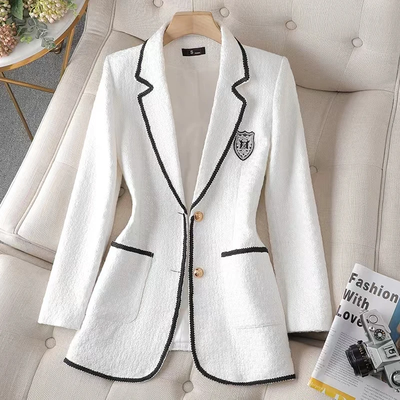 

Women Temperament Blazer 2023 Autumn Black White Fashion Long Sleeve Single Breasted Slim Jacket Office Lady Patchwork Coat Tops