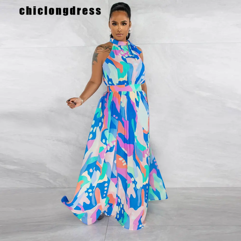 

Summer Fashion Beach Style Printed Chiffon Pleated Dress Women Sexy Halter Sleeveless High Waist Long Pleated Dress Women