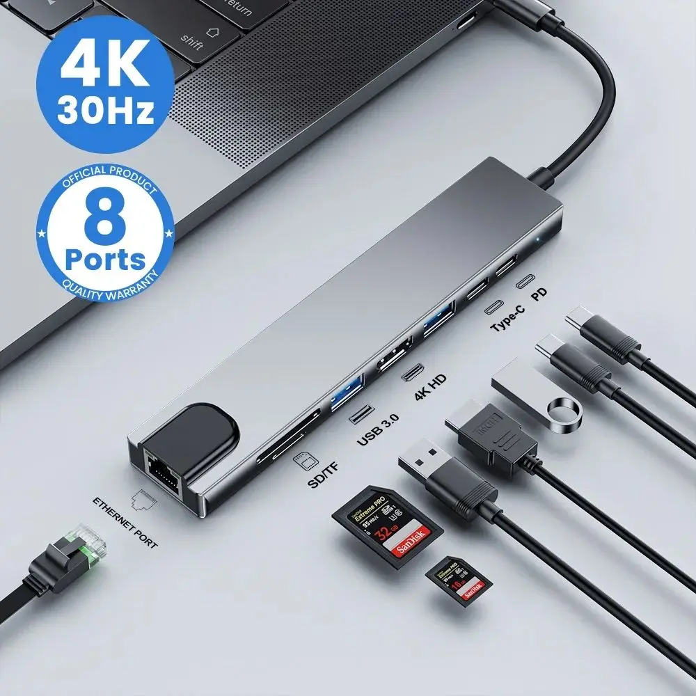USB C Hub 8 In 1 Typ C 3.1 auf 4K HDMI Adapter mit RJ45 SD/TF Kartenleser PD Schnellladung für MacBook Notebook Laptop Computer
