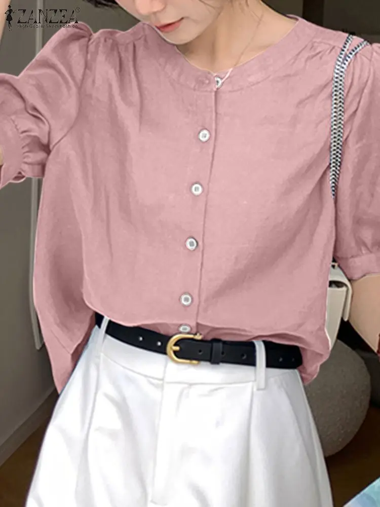 

ZANZEA Korean Stylish Round Neck Shirt Casual Open Placket Blouses 2023 Summer Cotton Cropped Tops Leisure Solid All-match Tunic