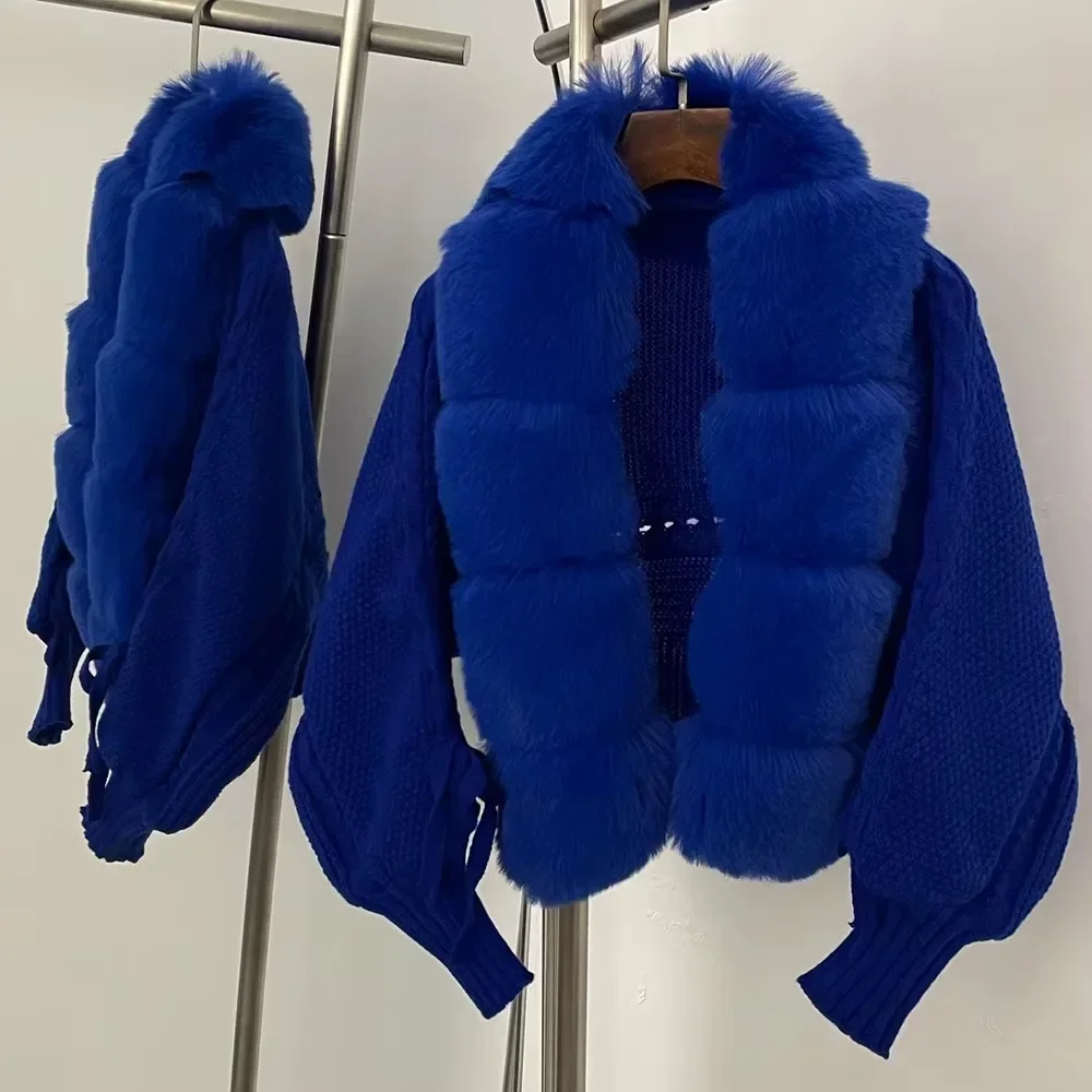 Knitwear Faux Fur Coat Fake Fur Jacket Knitted Solid Sweater Women Spring Autumn Cropped Cardigan Sweater Female Short Fur - 3
