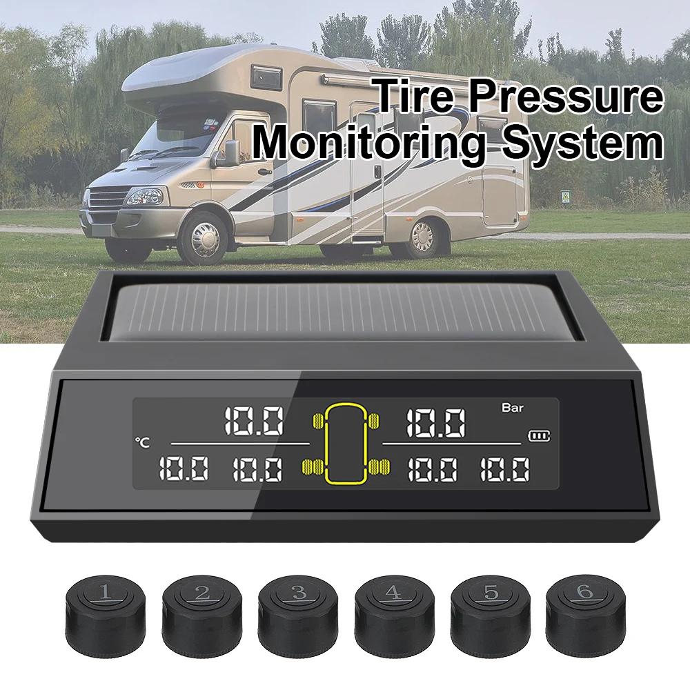 Car Solar Power TPMS Tire Pressure Monitoring System 6Pcs/set LCD Color Screen External Sensor Monitoring Tire Pressure Range