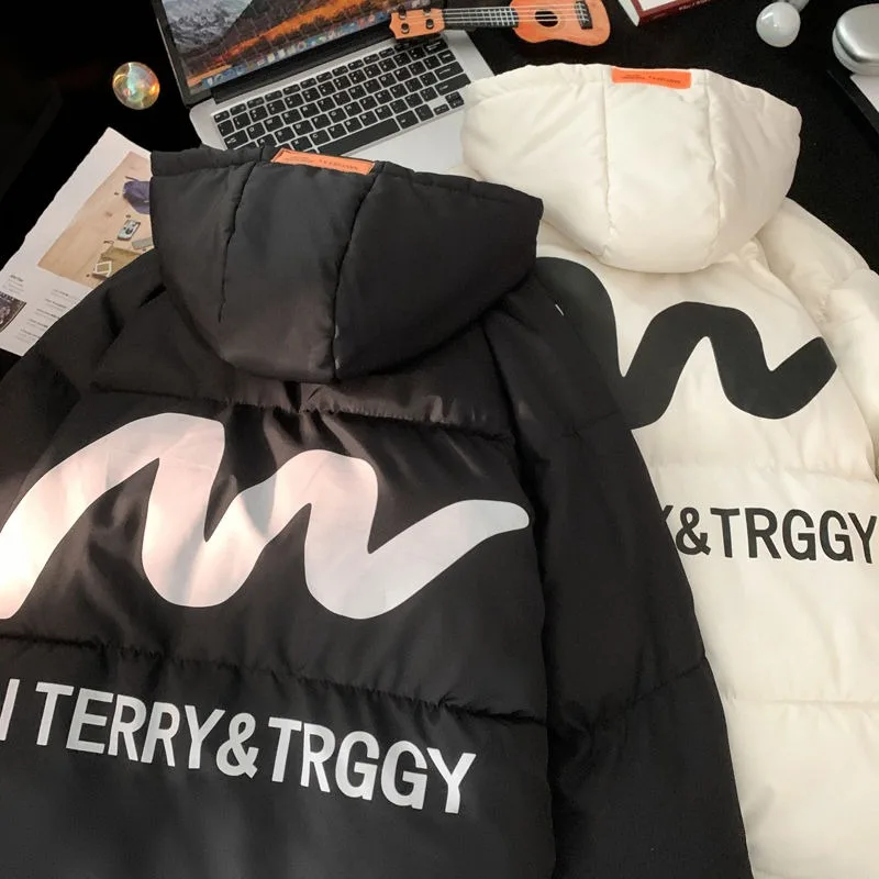 

Hip Hop Men's Oversized Jackets American Letter Printed Parkas Winter Coat Thicken Comfortable Black White Outerwear Streetwear