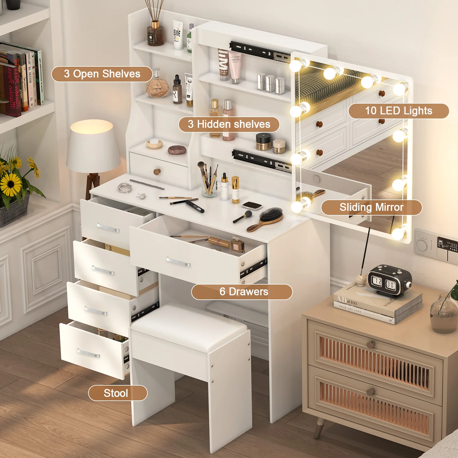 Modern LED Vanity Dressing Table Set with Mirror & Stool 3 Color Dimmable Touch Control Drawers Storage Makeup Desk for Bedroom