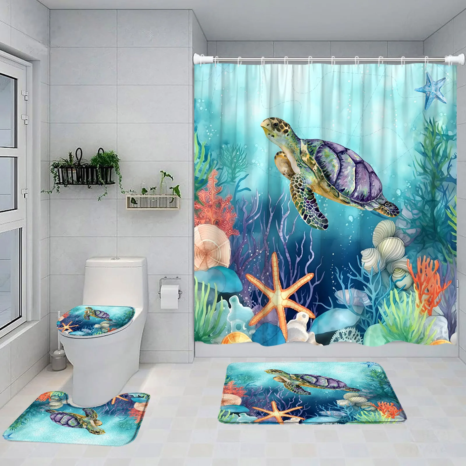 Sea Turtle Shower Curtain Set Starfish Conch Coral Seagrass Ocean Underwater Scenery Bathroom Decor Bath Mats Toilet Lid Cover