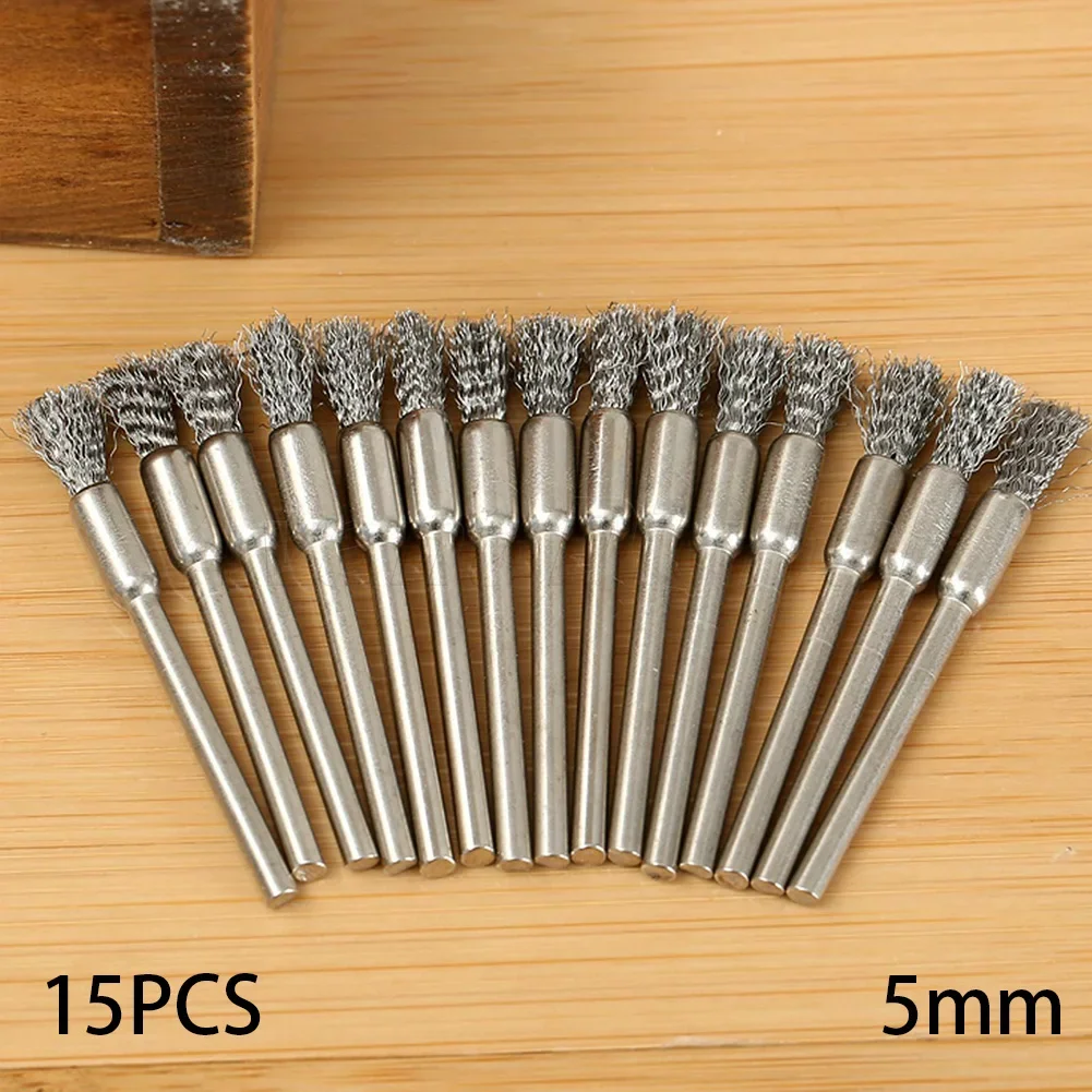 15Pc 5mm Wire Brush Remove Rust Polishing Brush Stainless Steel Handle For Mold Grinder Electric Rotary Drill Accessories