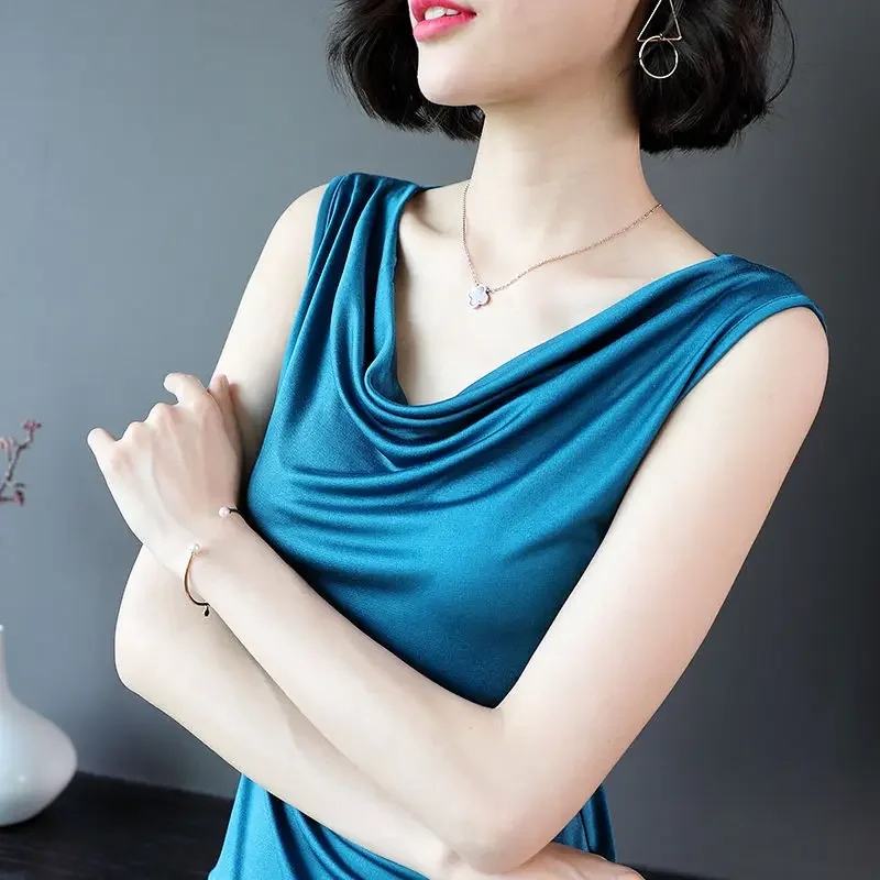 S-5XL Women Ice Silk Shirt Heaps Collar  Sleeveless Tank Tops Summer Vests Solid Soft Slim Stretchy Tshirts Tops For Woman