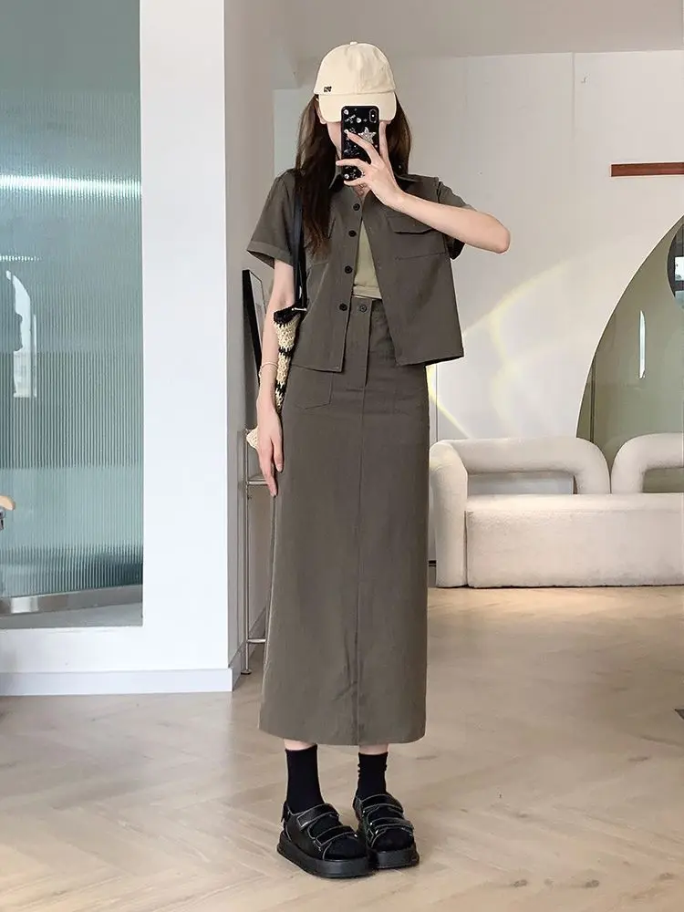 2024 Summer New Korean Women's Set Polo Neck Short sleeved Jacket+High Waist Split Skirt Two Piece Set