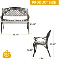 2-Person Patio Garden Benches for Outdoors, Metal Frame Patio Bench for Porch Backyard,39.4’’ Cast Aluminum Outdoor Bench 2