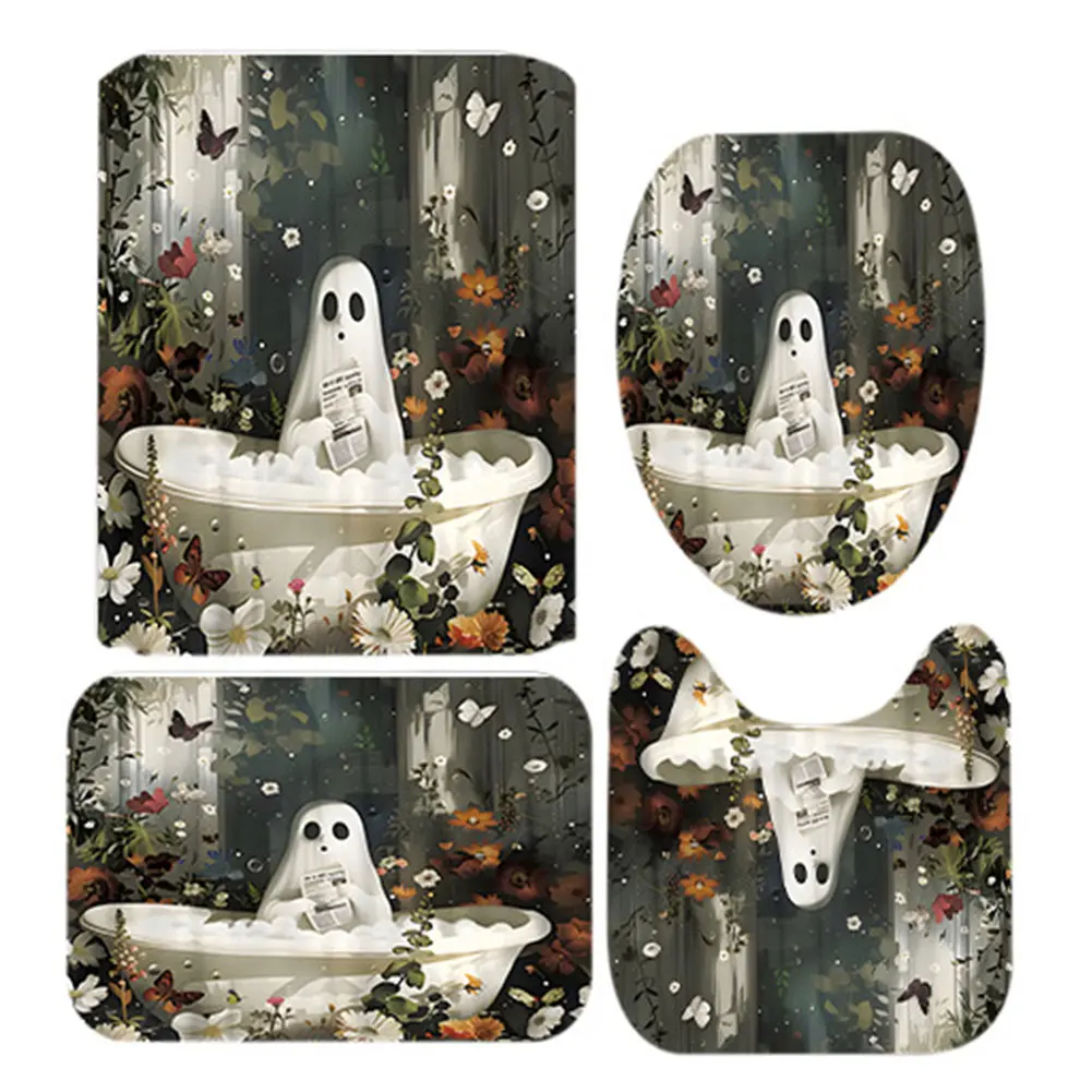 Cute Cartoon Ghost Halloween Bathroom Curtain Polyester Fabric Bathtub Curtain Spooky Bathroom Curtain for Bathroom Decorations