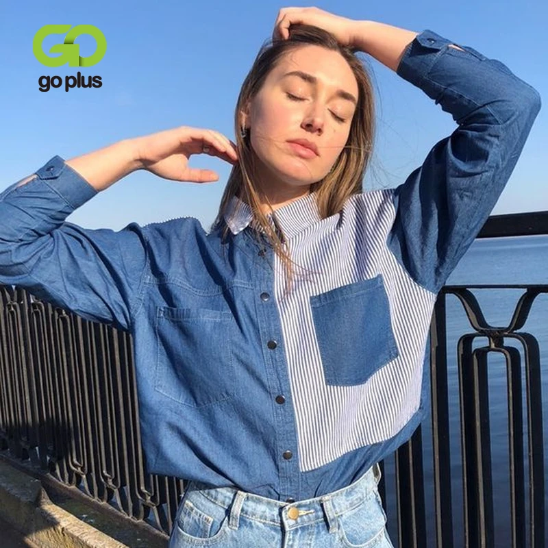 GOPLUS camisa de vaquera para mujer, blusa azul con cuello vuelto, 2023|blusas femininas|blouse bluewomen - AliExpress