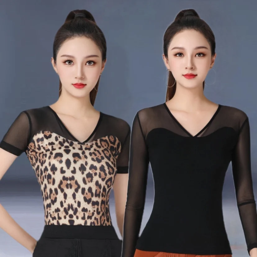 HC Women's Leopard Long Sleeve V Neck Latin Dance Tops Dance Wear Training Performance Bodysuit