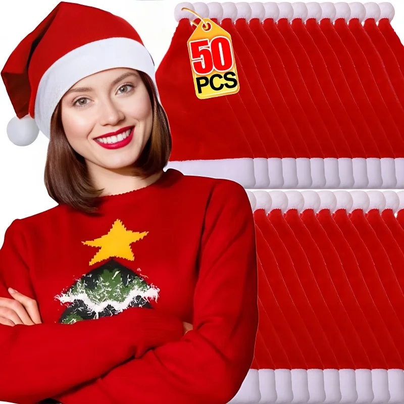 Christmas Hat 50/1PCS for Adult Kids Thicken Warm Santa Claus Xmas Hats Cap Merry Christmas New Year Festival Party Decoration