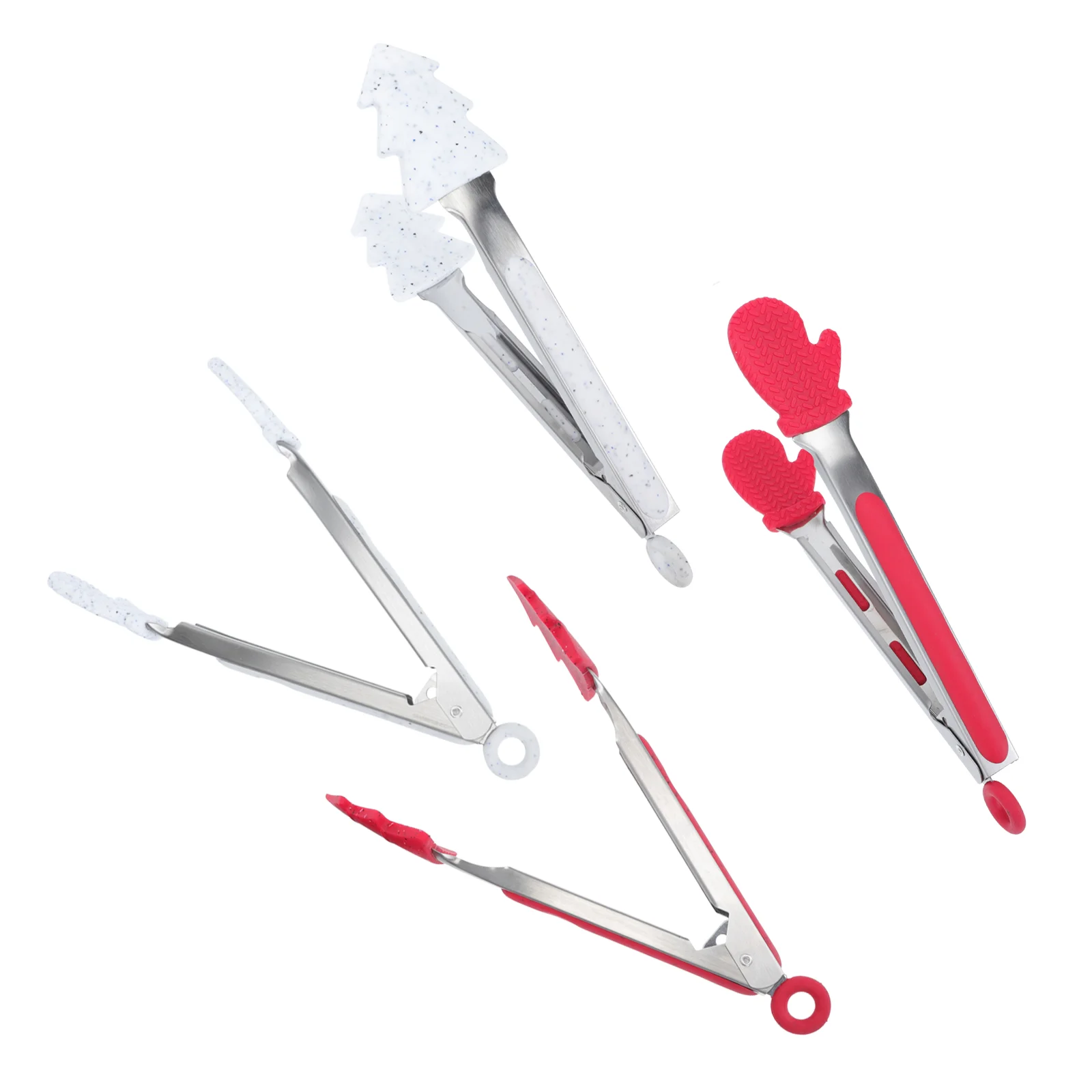 

4pcs Cooking Kitchen Tongs Christmas Style Stainless Steel Tongs with Silicone Rubber Grips Metal Chef Tongs Non- Locking Heat