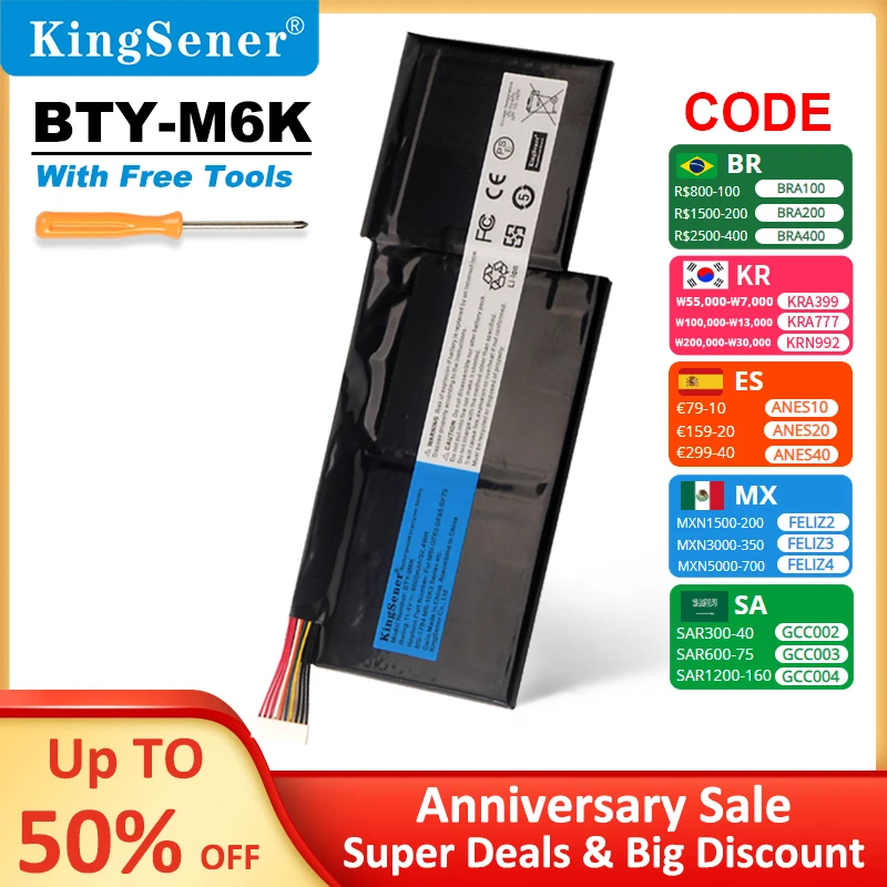 KingSener BTY-M6K Laptop Battery for MSI MS-17B4 MS-16K3 GF63 Thin 8RD 8RC GF75 Thin 3RD 8RC 9SC GF65 Thin 9SE/SX Thin 10SDR 11 1v 7500mah laptop battery for msi gt72 2qe gt72 2qd gt72s 6qf gt72vr 6rd ms 1783 ms 1781 bty l77 notebook battery