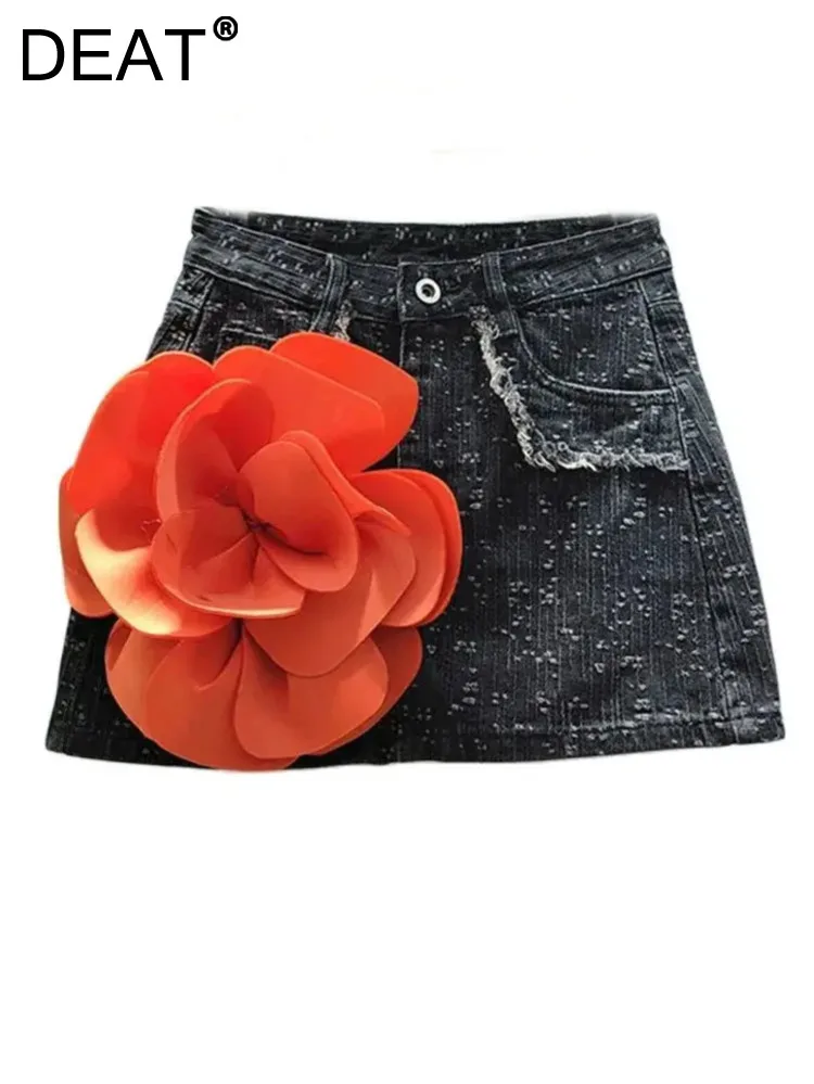 

DEAT Women's Denim Skirt High Waist A-line Panelled Flowers Burrs Ripped Wrap Hip Mini Skirts 2024 Summer New Fashion 29L7511