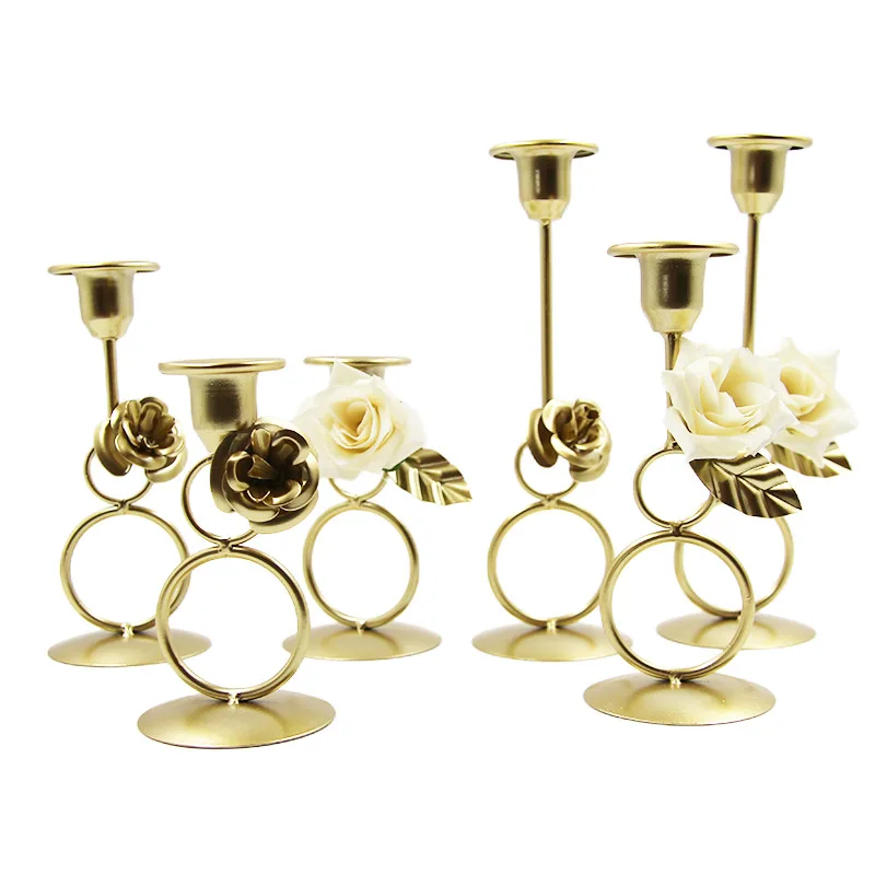 MetalFlowerCandleHoldersGoldenRomanticRingCandlestickBirthdayPartyWeddingTable
