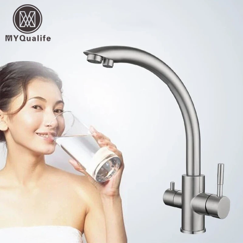 Deck Mounted White 3 way Purification Kitchen Faucet Dual Water Outlet Filter Mixer Tap for Kitchen Dual Handle