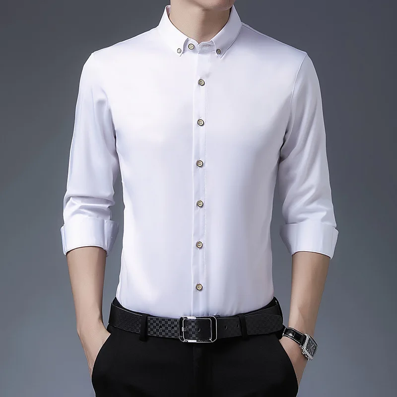 Men's Long Sleeve Fashion Korean Button Lapel Shirt Formal Business Dress Work Decoration Body Tailoring Designer Leisure Shirt