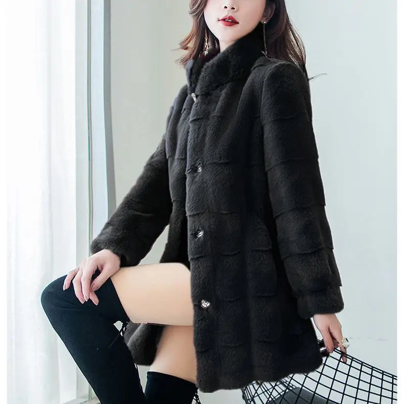 Imitation Mink Women's Standing Neck Coat Medium Long Korean Version Winter Warmth Thickened Long Sleeve Fashion Slim Fit Mink