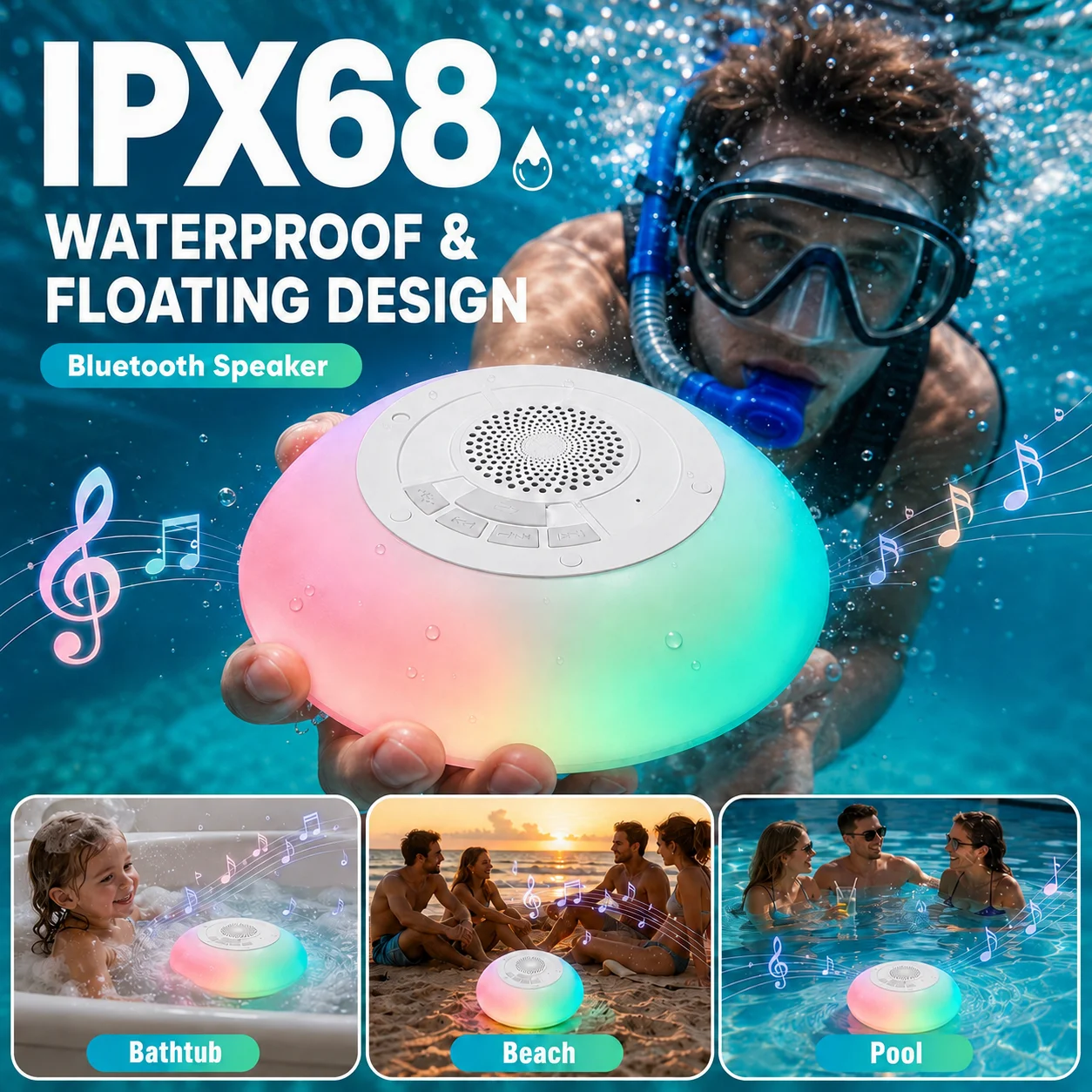 Portable Waterproof Bluetooth Pool Speaker with Colorful Lights and Built-in Mic