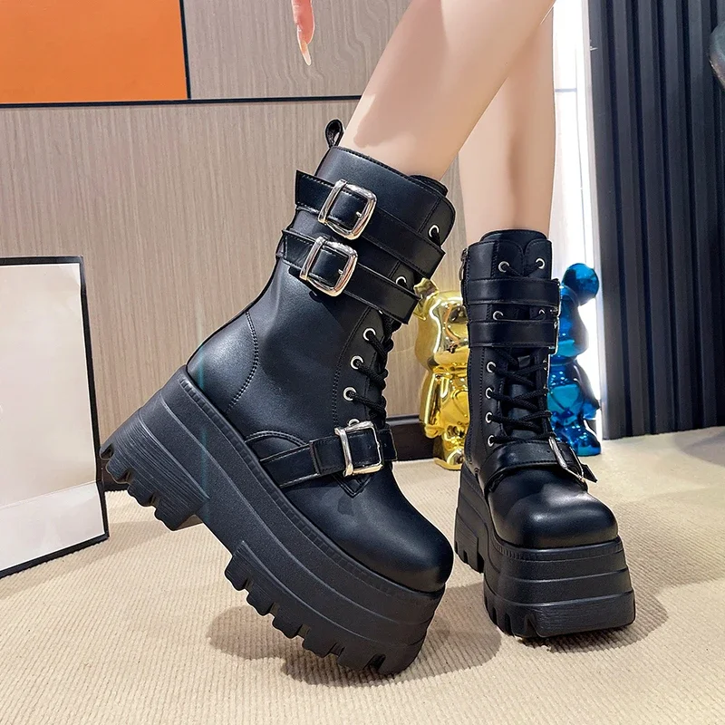 Black Autumn Women Punk Style Platform Ankle Boots Thick Sole Leather Motorcycle Boots 8CM Chunky Metal Buckle Short Boots Woman