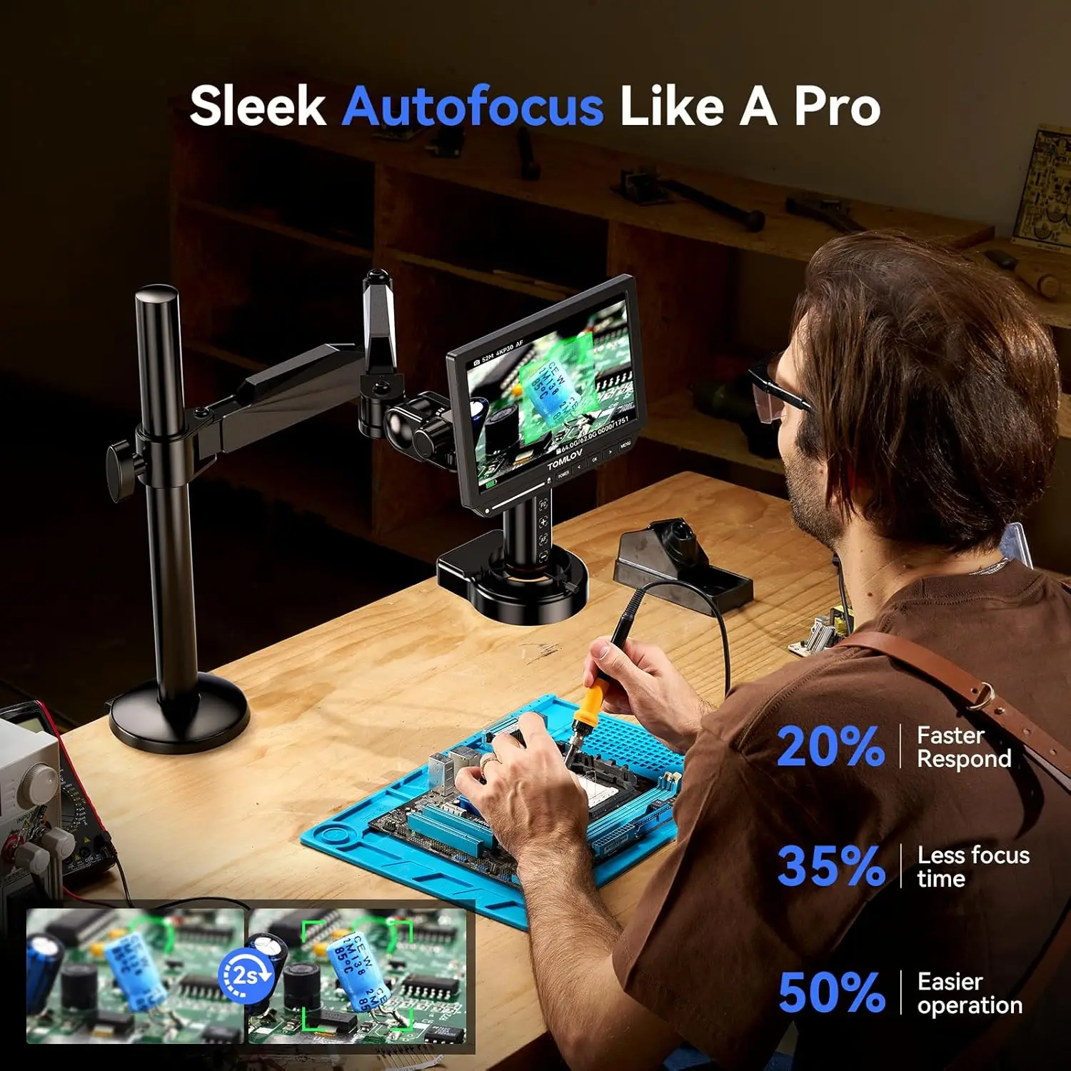 TOMLOV Autofocus 4K Digital Microscope 2000X 8" TM4K-AF Flex Arm HDMI Electronics Soldering Microscope for Mobile Phone Repair 5