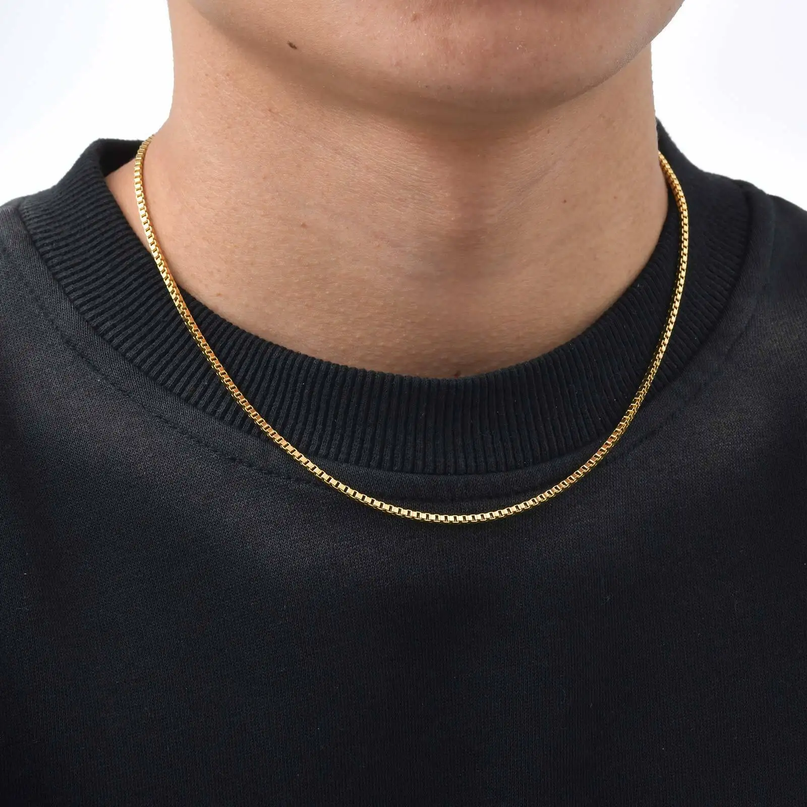 Prjewel 2 mm Edelstahl-Box-Kettenhalsketten für Männer und Jungen, vergoldetes Metall, Ks, kurze Halsketten, Vatertagsgeschenk – Detail 1