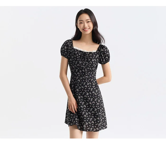 Vestido de mujer con mangas abullonadas y estampado floral de gasa Mori, nuevo vestido de verano con escote cuadrado y cintura corta, divertido