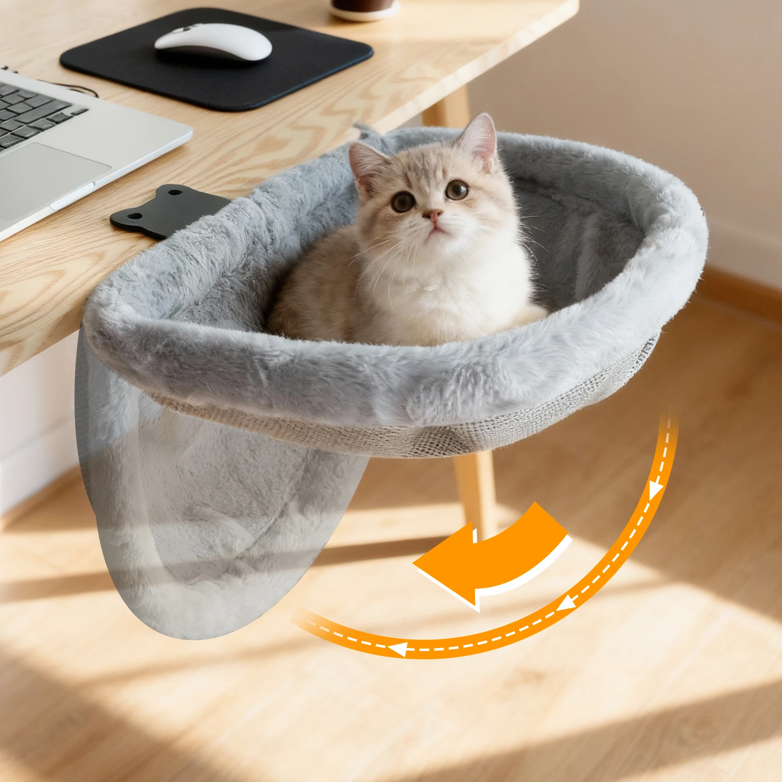 Cama de mesa para gatos, dobrável com um clique, design afundado, economiza espaço, material macio de pele de coelho falso, adequado para vários desktops